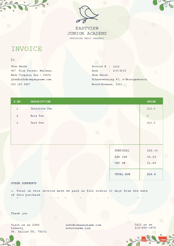 Free Kindergarten Invoice Template PSD template